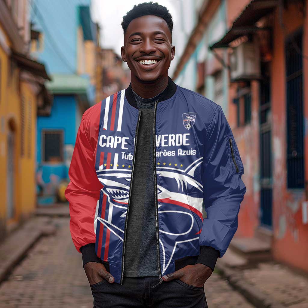 Cape Verde Football Pride Custom Sleeve Zip Bomber Jacket Tubaroes Azuis Champion - African Pride