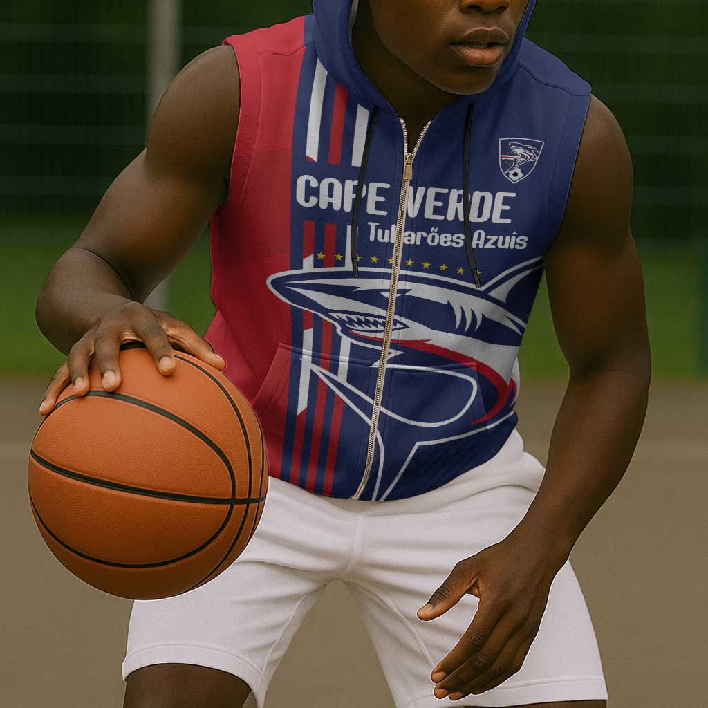 Cape Verde Football Pride Custom Sleeveless Zip Hoodie Tubaroes Azuis Champion - African Pride