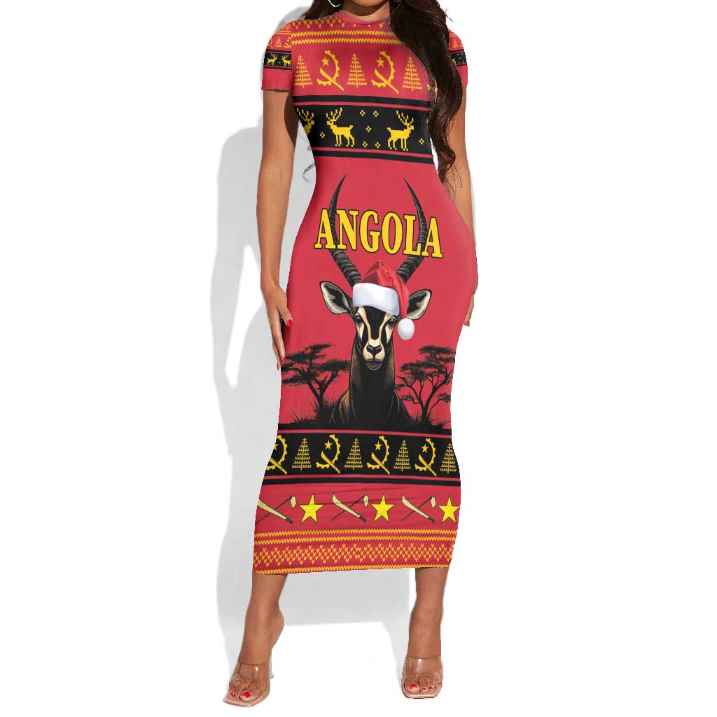 Afro Angola Giant Sable Antelope Christmas Short Sleeve Bodycon Dress Virtus Unita Fortior Feliz Natal LT18