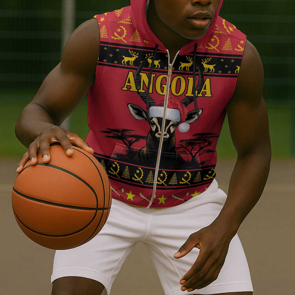 Afro Angola Giant Sable Antelope Christmas Sleeveless Zip Hoodie Virtus Unita Fortior Feliz Natal - African Pride