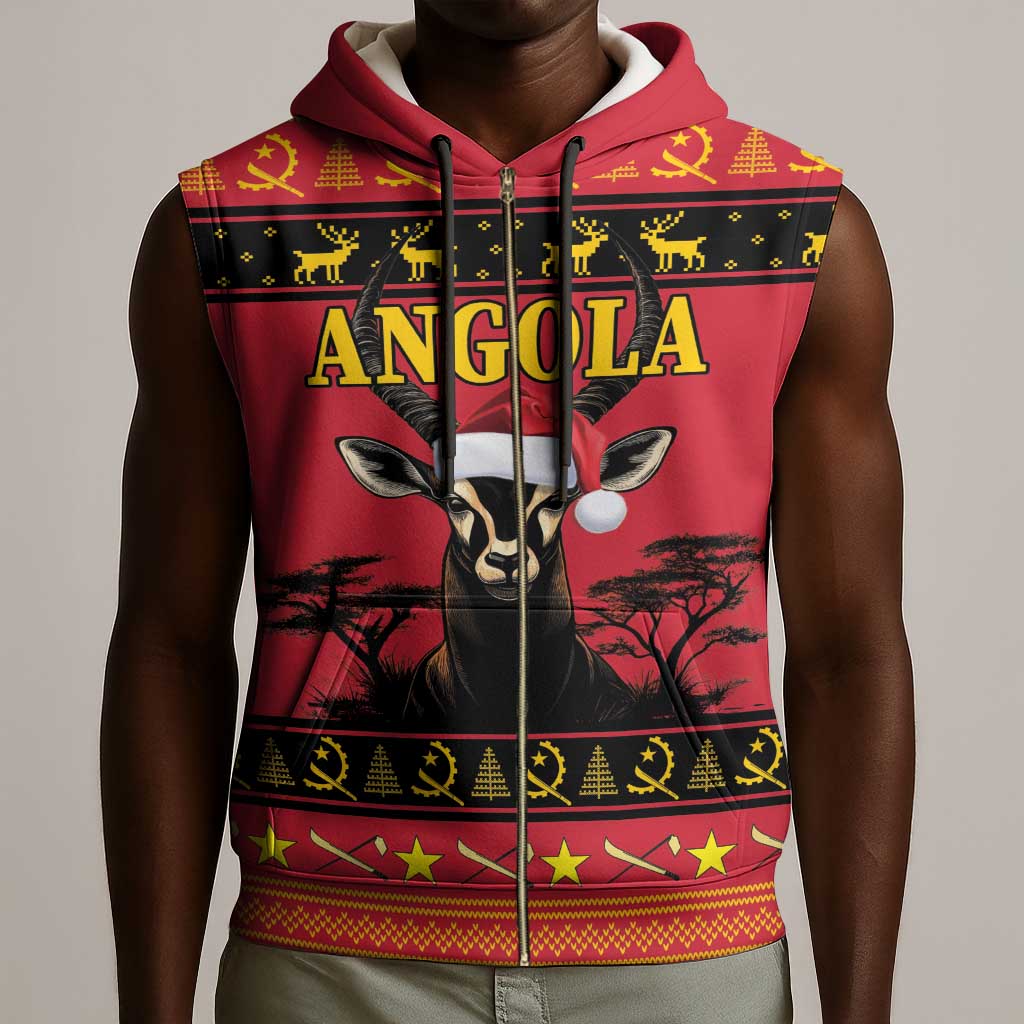 Afro Angola Giant Sable Antelope Christmas Sleeveless Zip Hoodie Virtus Unita Fortior Feliz Natal - African Pride