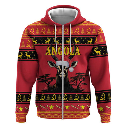 Afro Angola Giant Sable Antelope Christmas Zip Hoodie Virtus Unita Fortior Feliz Natal