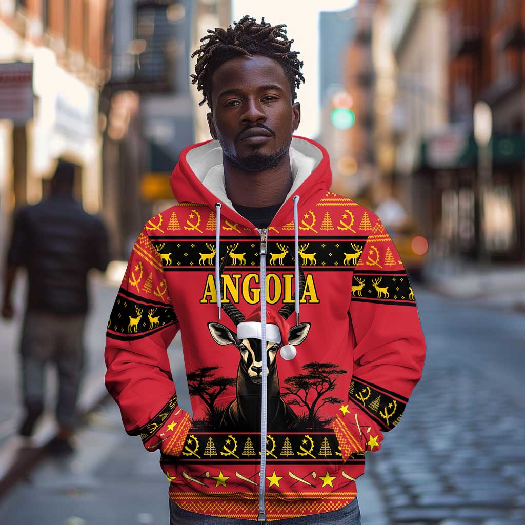 Afro Angola Giant Sable Antelope Christmas Zip Hoodie Virtus Unita Fortior Feliz Natal