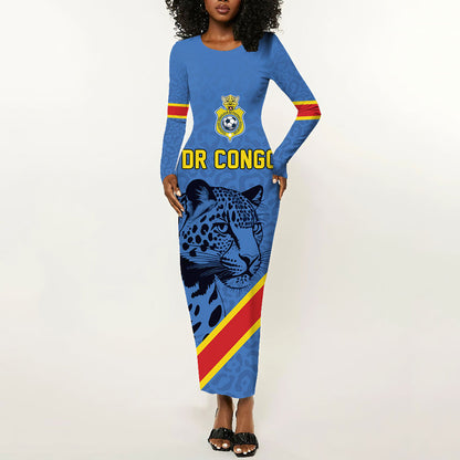 Custom DR Congo Football Long Sleeve Bodycon Dress Leopard Pride Heritage Edition