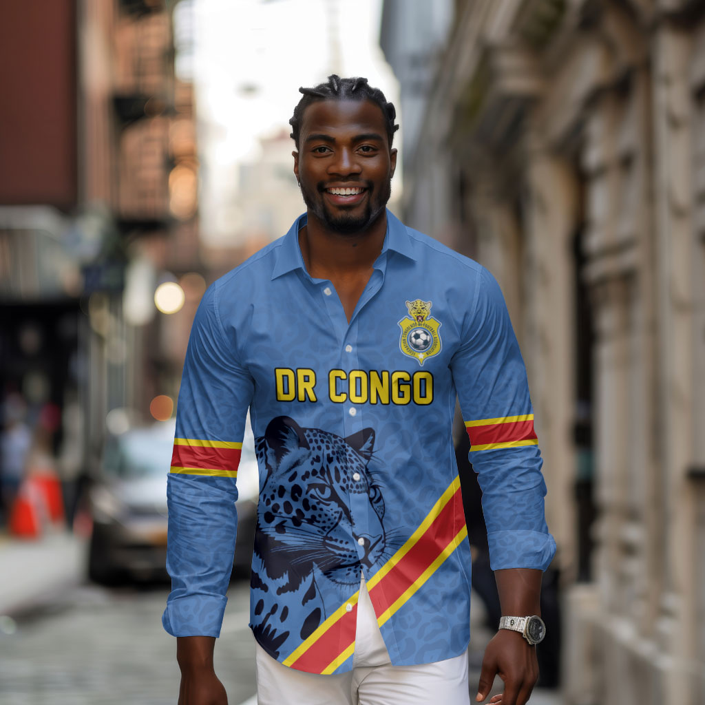 Custom DR Congo Football Long Sleeve Button Shirt Leopard Pride Heritage Edition