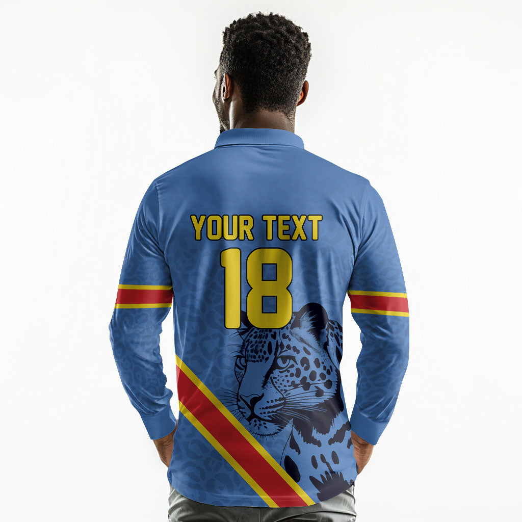 Custom DR Congo Football Long Sleeve Polo Shirt Leopard Pride Heritage Edition