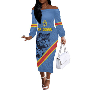 Custom DR Congo Football Off The Shoulder Long Sleeve Dress Leopard Pride Heritage Edition