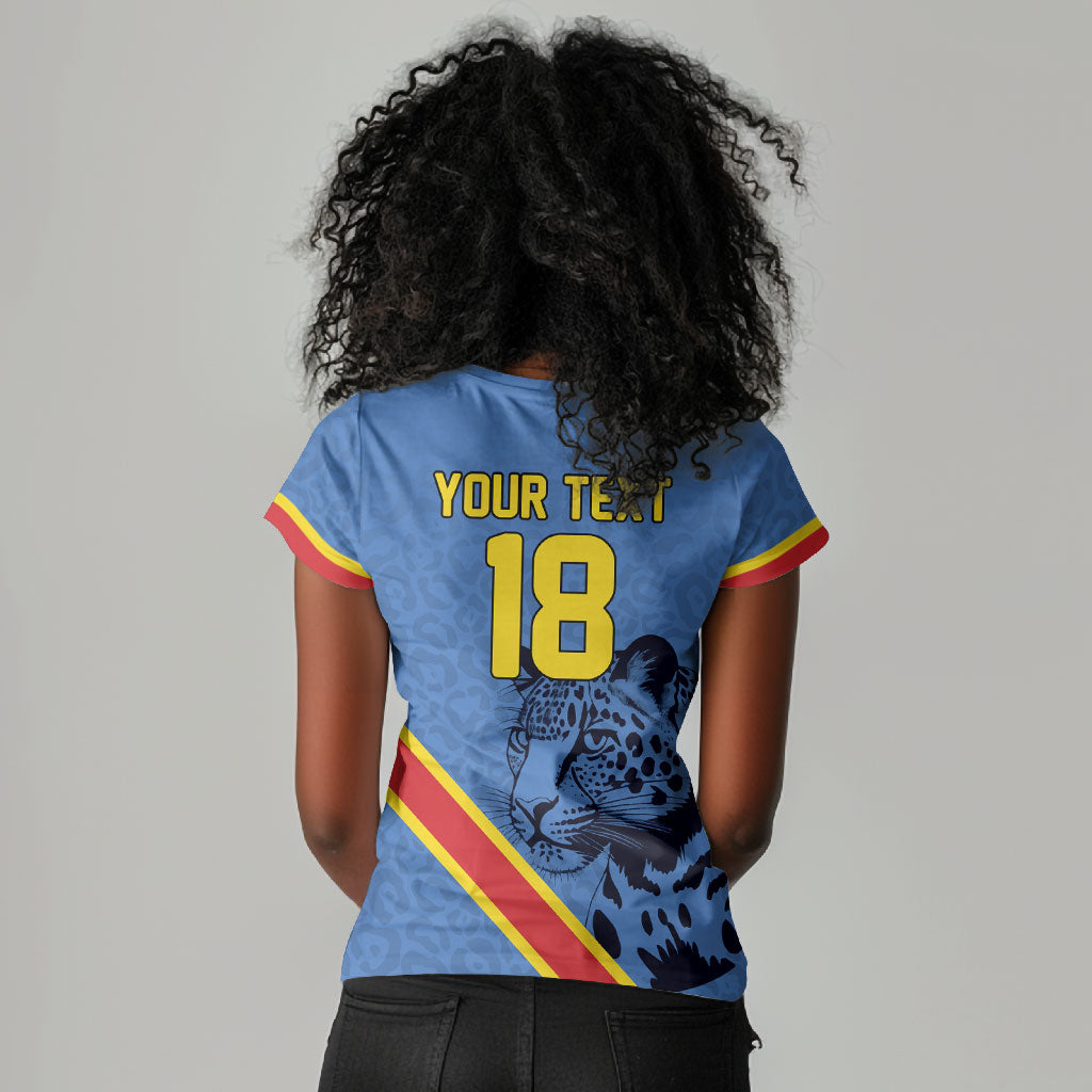 Custom DR Congo Football Women V-Neck T-Shirt Leopard Pride Heritage Edition