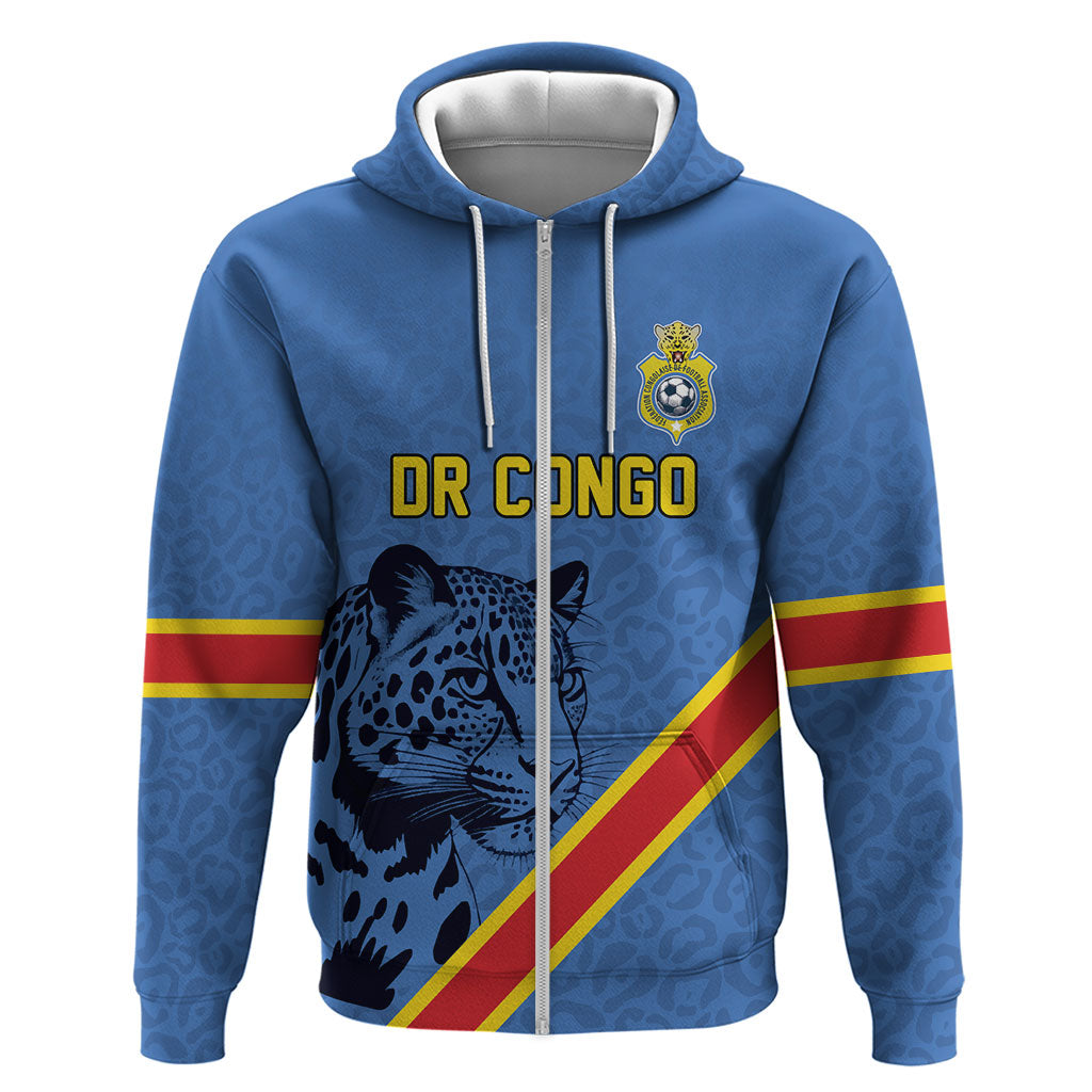Custom DR Congo Football Zip Hoodie Leopard Pride Heritage Edition