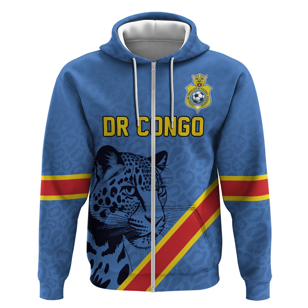 Custom DR Congo Football Zip Hoodie Leopard Pride Heritage Edition