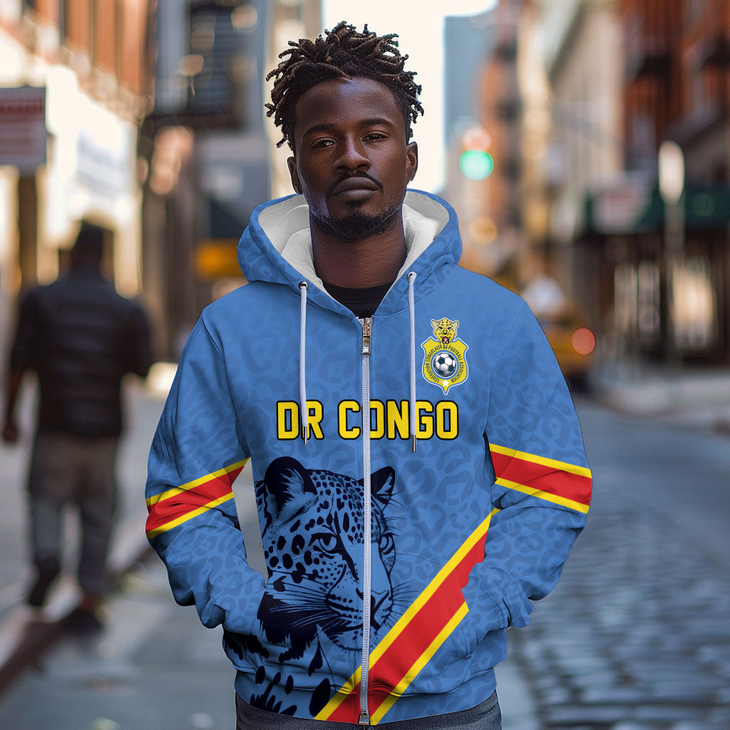 Custom DR Congo Football Zip Hoodie Leopard Pride Heritage Edition