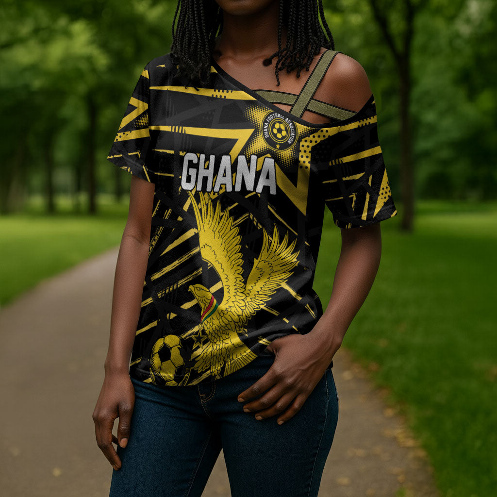 Custom Ghana Football Cross Shoulder Shirt Golden Black Star Eagle Heritage