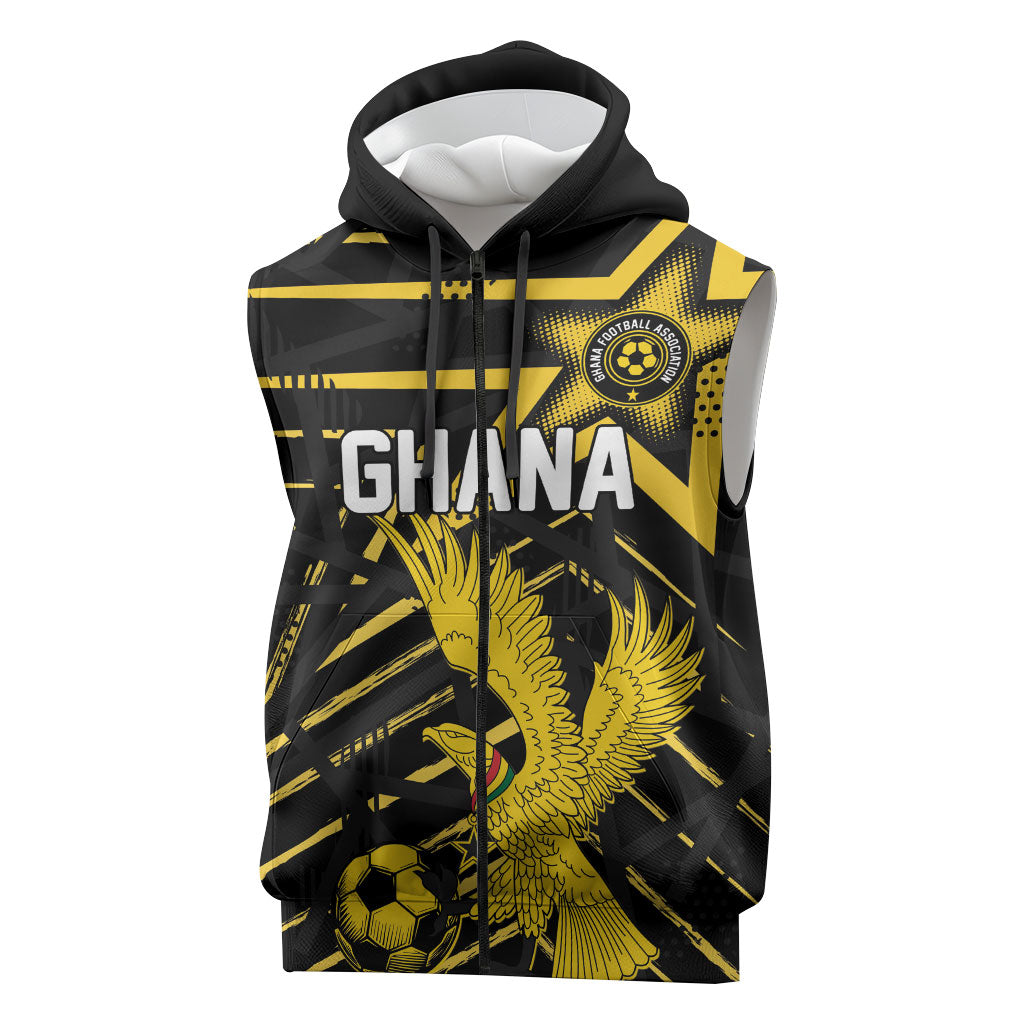 Custom Ghana Football Sleeveless Zip Hoodie Golden Black Star Eagle Heritage