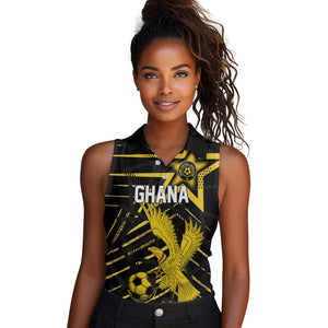 Custom Ghana Football Women Sleeveless Polo Shirt Golden Black Star Eagle Heritage
