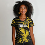 Custom Ghana Football Women V-Neck T-Shirt Golden Black Star Eagle Heritage