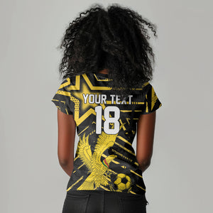 Custom Ghana Football Women V-Neck T-Shirt Golden Black Star Eagle Heritage