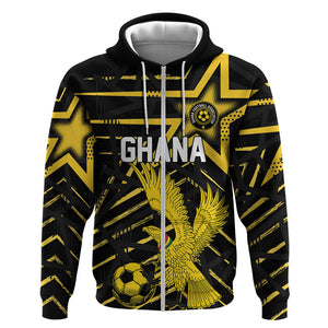 Custom Ghana Football Zip Hoodie Golden Black Star Eagle Heritage