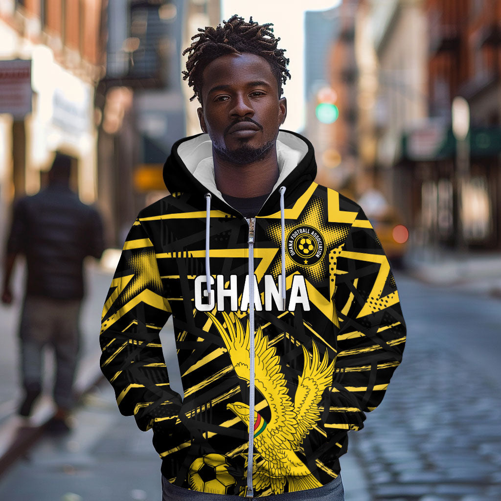 Custom Ghana Football Zip Hoodie Golden Black Star Eagle Heritage