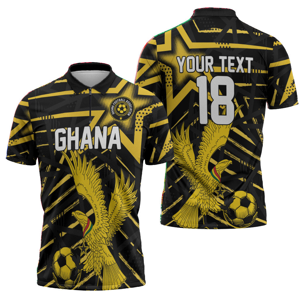 Custom Ghana Football Zipper Polo Shirt Golden Black Star Eagle Heritage
