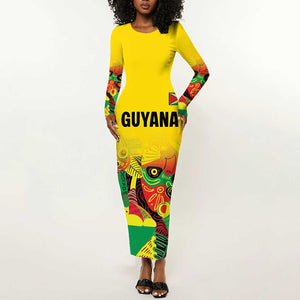 Custom Guyana Football Pride Long Sleeve Bodycon Dress Golden Jaguars Go Champion - Yellow - African Pride