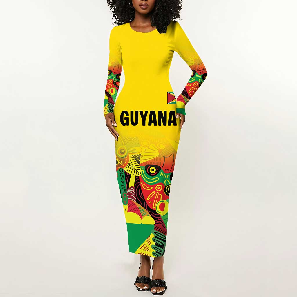 Custom Guyana Football Pride Long Sleeve Bodycon Dress Golden Jaguars Go Champion - Yellow - African Pride