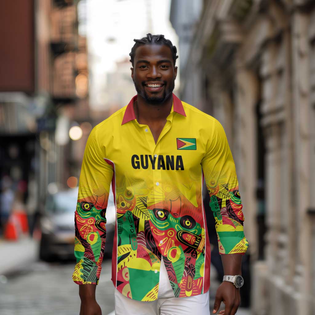 Custom Guyana Football Pride Long Sleeve Button Shirt Golden Jaguars Go Champion - Yellow - African Pride