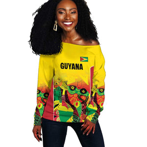 Custom Guyana Football Pride Off Shoulder Sweater Golden Jaguars Go Champion - Yellow - African Pride