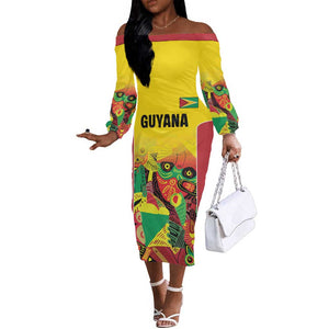 Custom Guyana Football Pride Off The Shoulder Long Sleeve Dress Golden Jaguars Go Champion - Yellow - African Pride
