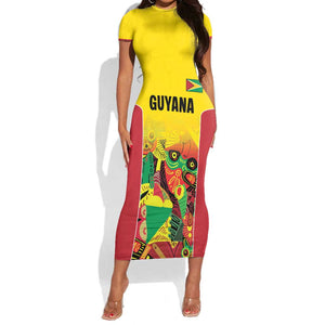 Custom Guyana Football Pride Short Sleeve Bodycon Dress Golden Jaguars Go Champion - Yellow - African Pride