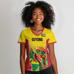 Custom Guyana Football Pride Women V-Neck T-Shirt Golden Jaguars Go Champion - Yellow - African Pride