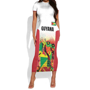 Custom Guyana Football Pride Short Sleeve Bodycon Dress Golden Jaguars Go Champion - White - African Pride