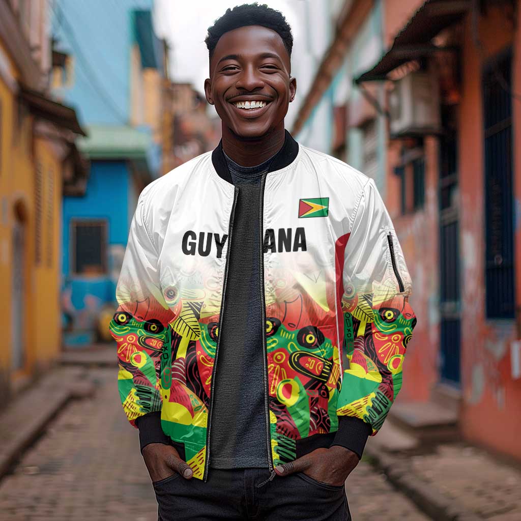 Custom Guyana Football Pride Sleeve Zip Bomber Jacket Golden Jaguars Go Champion - White - African Pride
