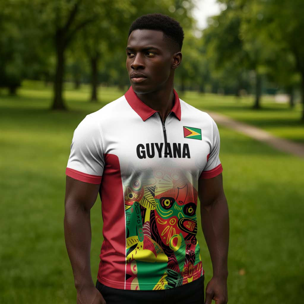 Custom Guyana Football Pride Zipper Polo Shirt Golden Jaguars Go Champion - White