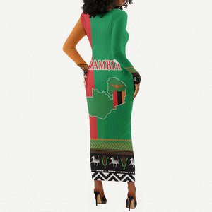 Afro Zambia Christmas Long Sleeve Bodycon Dress Coat Of Arms With Kente Pattern LT18