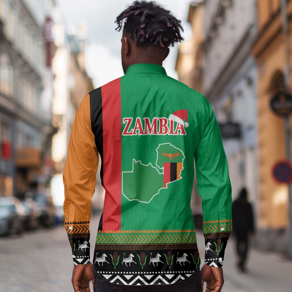 Afro Zambia Christmas Long Sleeve Button Shirt Coat Of Arms With Kente Pattern