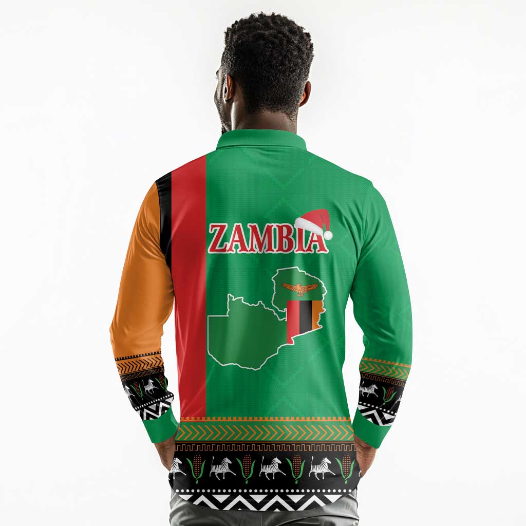Afro Zambia Christmas Long Sleeve Polo Shirt Coat Of Arms With Kente Pattern