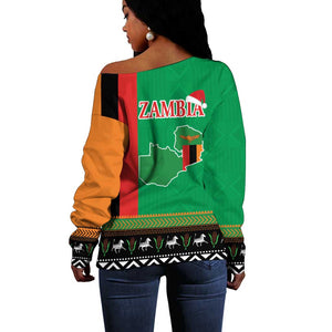Afro Zambia Christmas Off Shoulder Sweater Coat Of Arms With Kente Pattern