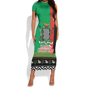 Afro Zambia Christmas Short Sleeve Bodycon Dress Coat Of Arms With Kente Pattern LT18