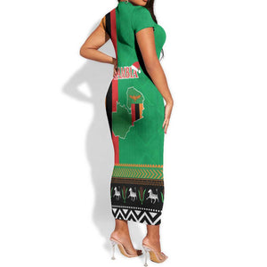 Afro Zambia Christmas Short Sleeve Bodycon Dress Coat Of Arms With Kente Pattern LT18