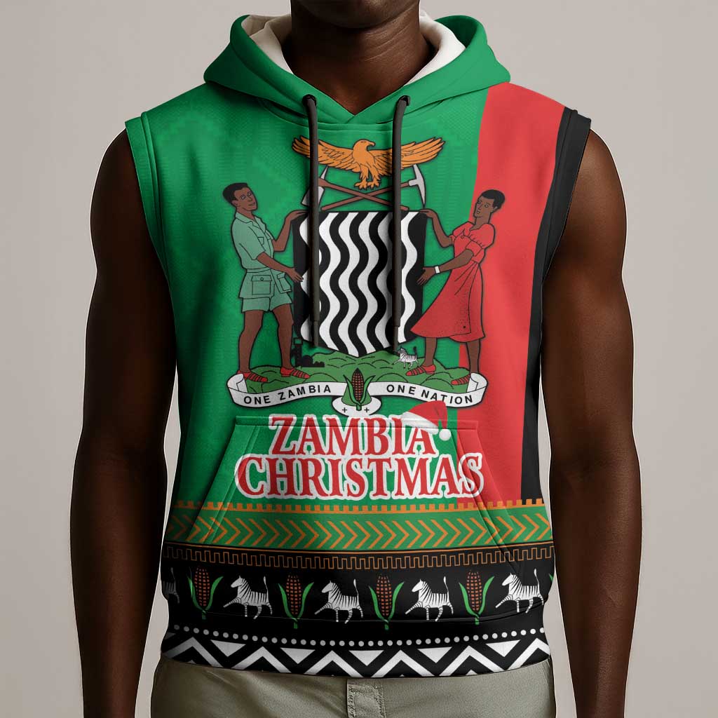 Afro Zambia Christmas Sleeveless Hoodie Coat Of Arms With Kente Pattern - African Pride