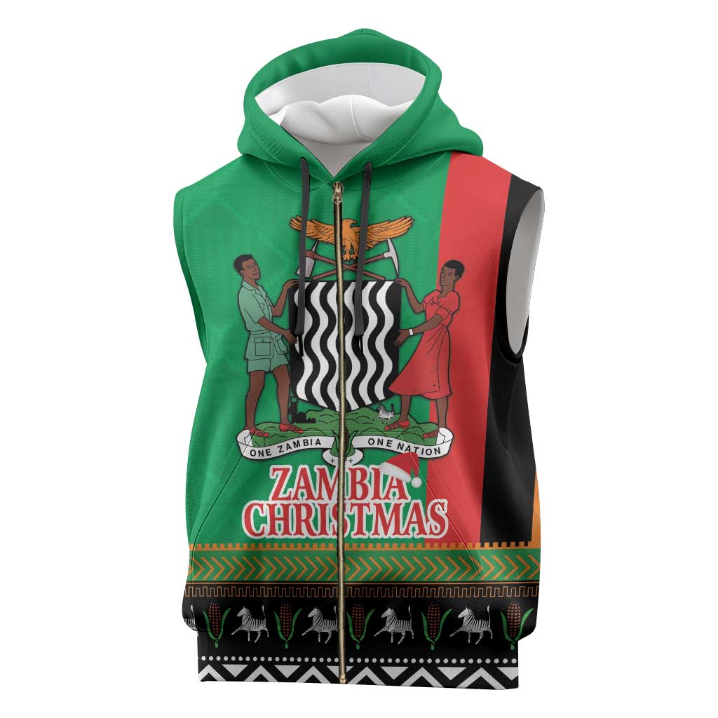 Afro Zambia Christmas Sleeveless Zip Hoodie Coat Of Arms With Kente Pattern - African Pride