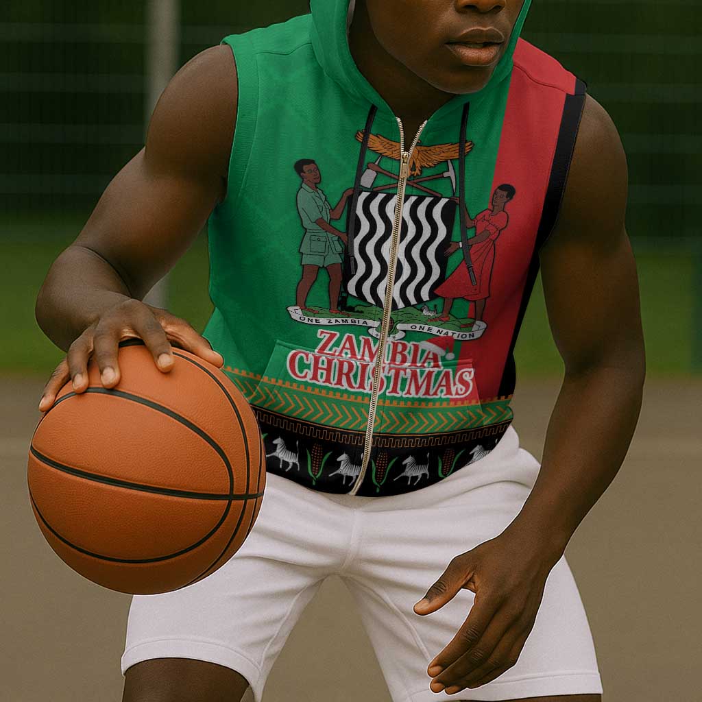 Afro Zambia Christmas Sleeveless Zip Hoodie Coat Of Arms With Kente Pattern - African Pride