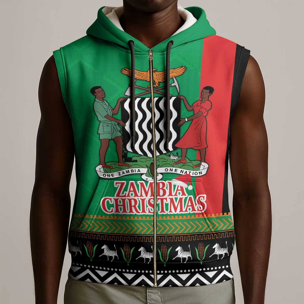 Afro Zambia Christmas Sleeveless Zip Hoodie Coat Of Arms With Kente Pattern - African Pride