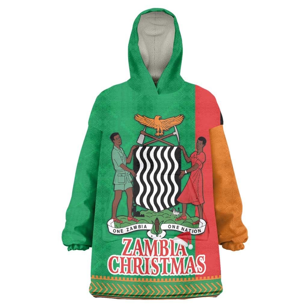 Afro Zambia Christmas Wearable Blanket Hoodie Coat Of Arms With Kente Pattern