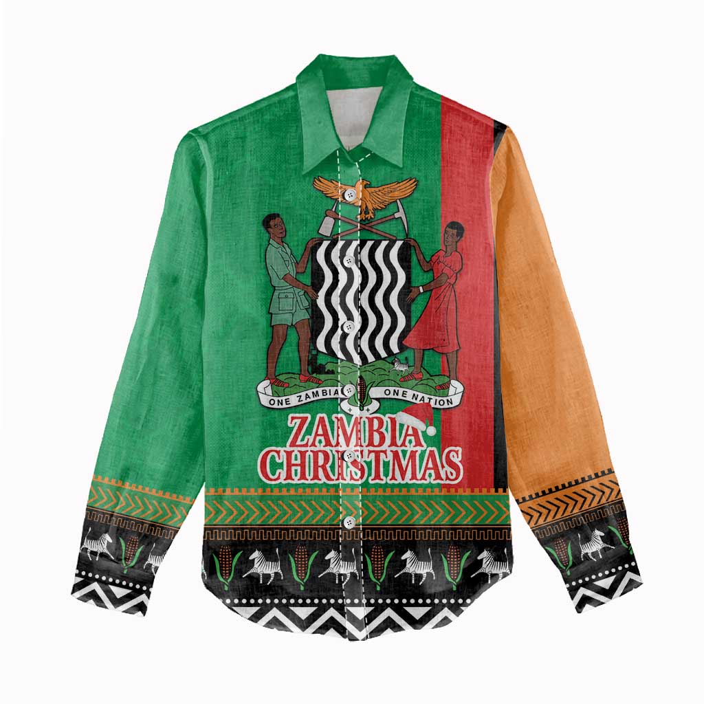 Afro Zambia Christmas Women Casual Shirt Coat Of Arms With Kente Pattern LT18