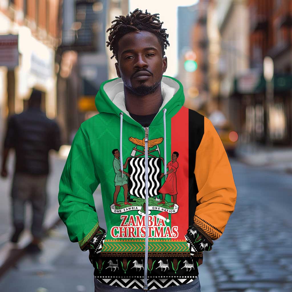 Afro Zambia Christmas Zip Hoodie Coat Of Arms With Kente Pattern