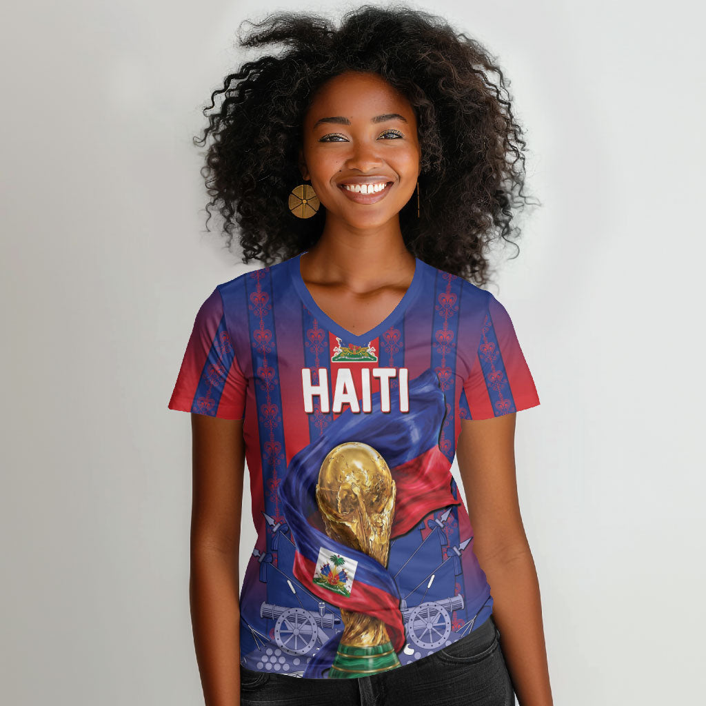 Custom Haiti Football 2026 Women V-Neck T-Shirt Les Grenadiers Voodoo Veve Pride
