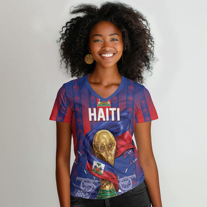 Custom Haiti Football 2026 Women V-Neck T-Shirt Les Grenadiers Voodoo Veve Pride