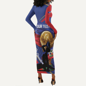 Personalized Haiti Football Champions Long Sleeve Bodycon Dress National Pride Gold Trophy