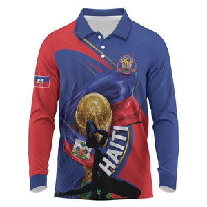 Personalized Haiti Football Champions Long Sleeve Polo Shirt National Pride Gold Trophy